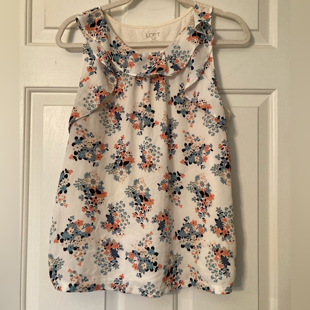 LOFT Floral Ruffle Sleeveless Blouse with Blue and Peach Accents